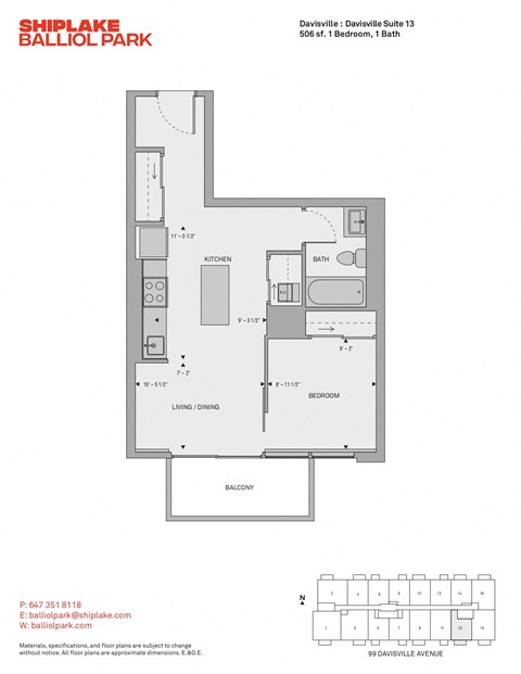 Floor plan for 1 bed, 1 bath, 506 sqft